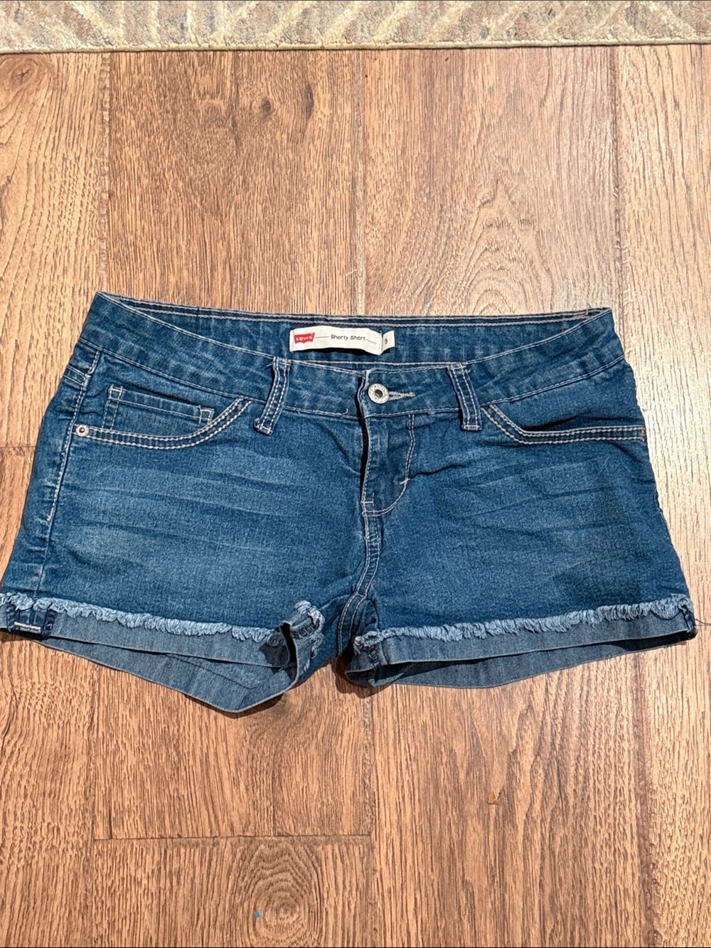 Levi's Shortu Short Dark Blue Frayed Hem Denim Shorts - Women's
